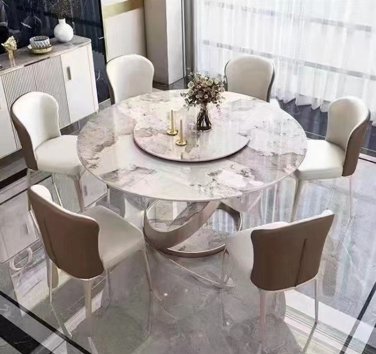 Modern Large Luxury Patagonia Sintered Stone Top Marble Effect Big Round Dinning Table With Chairs Set Dining Room Furniture