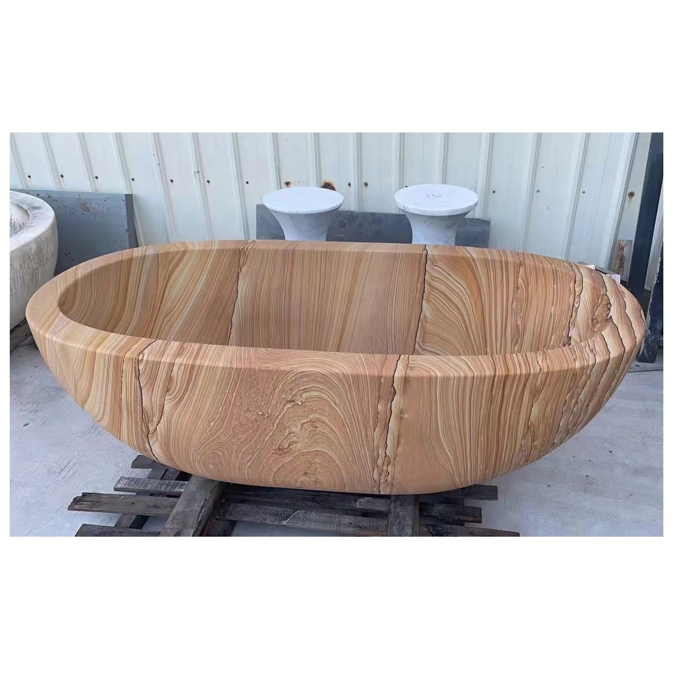 Hand Carved Free Standing Solid Marble Stone Bath Tub Natural Yellow Wood Grain Sandstone Freestanding Soaking Bathtub Bathroom