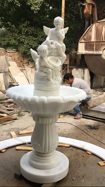 Outdoor Garden Decoration Natural White Marble Hand Carved Marvel Cherub Little Angel Water Fountain