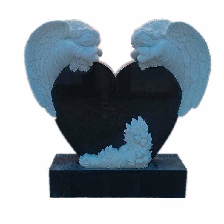 Black Granite Cemetery Engraving Double Angel With Double Heart Headstone And Monument Memorial Tombstone