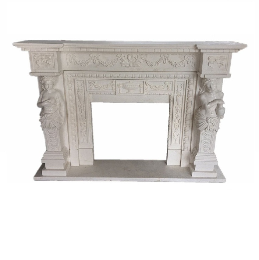 Yellow Travertine Marble Stone Woman Statues Freestanding Fireplace Surround Mantel Frame With Carvings