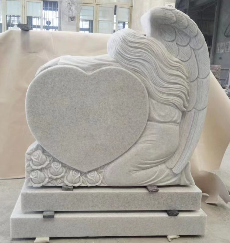 High Quality Natural White Marble Carving Angel Wing With Heart Headstones Tombstones