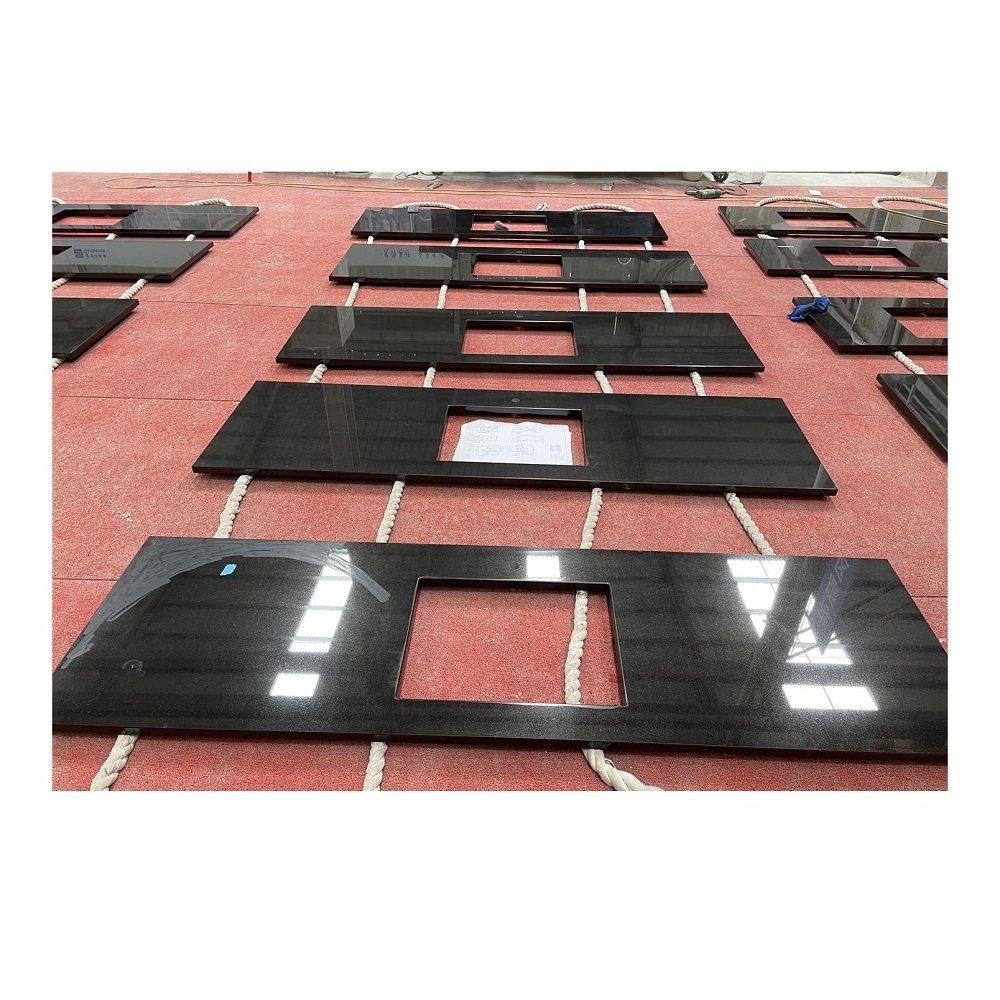 Absolute Black Marble Or Granite Stone Ready Made Prefab Kitchen Island Countertops Vanity Tops Flat Edge Price Wholesale