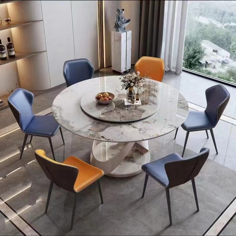 Modern Large Luxury Patagonia Sintered Stone Top Marble Effect Big Round Dinning Table With Chairs Set Dining Room Furniture