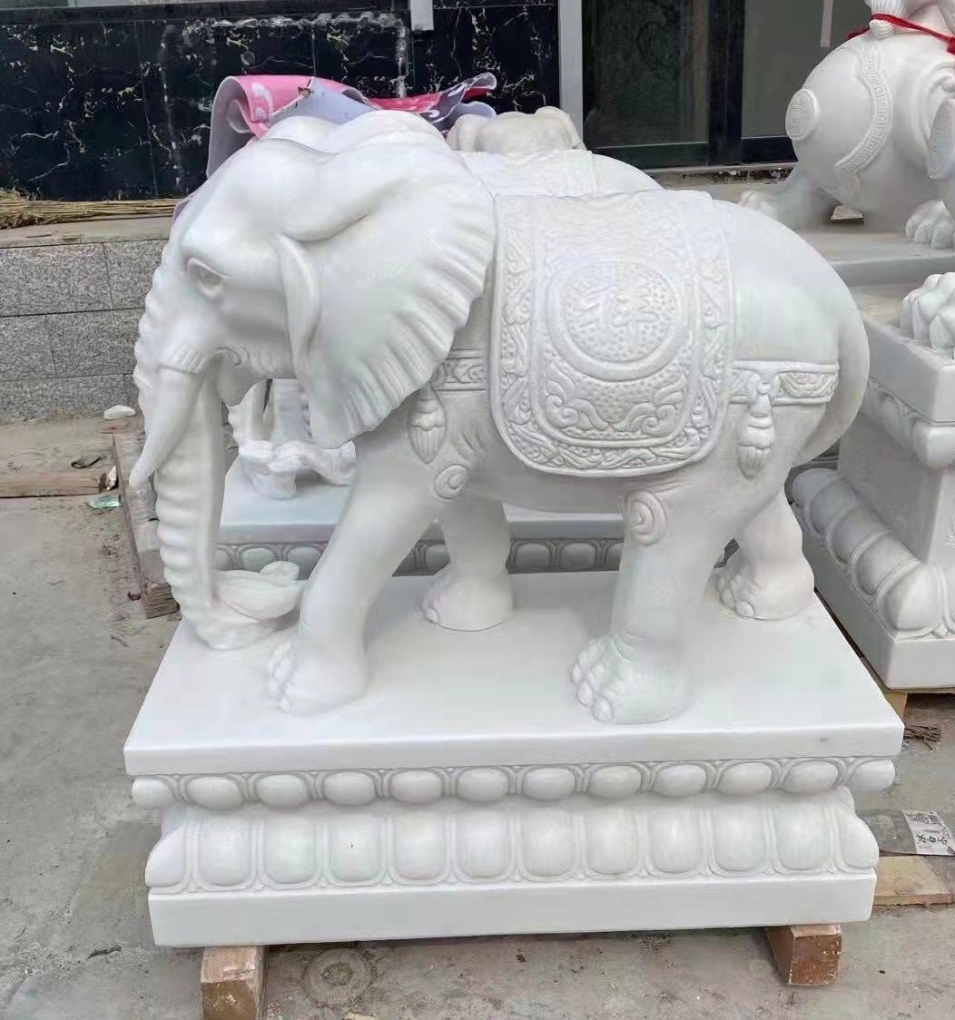 Outdoor Garden Patio Lawn Natural White Marble Stone Hand Carving Sculpture Animal Statue Indian Thailand Elephant Statue