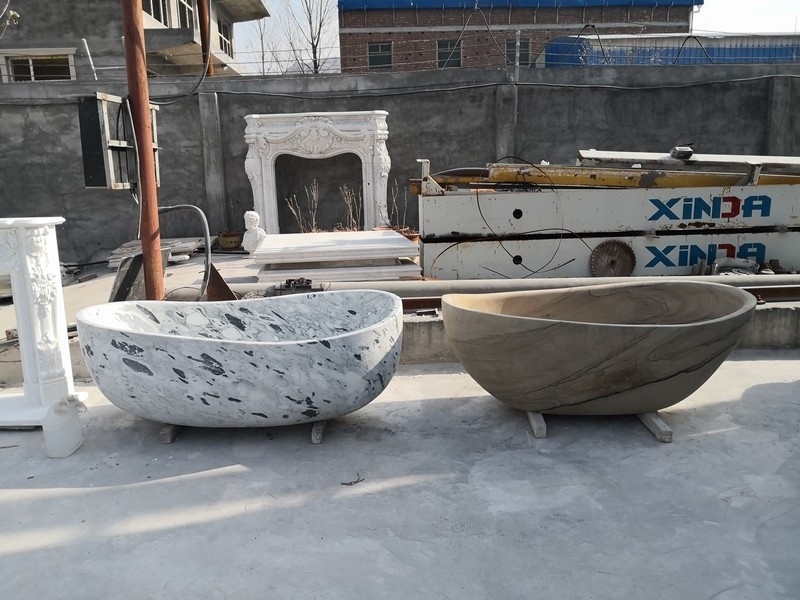 Hand Carved Free Standing Solid Marble Stone Bath Tub Natural Yellow Wood Grain Sandstone Freestanding Soaking Bathtub Bathroom