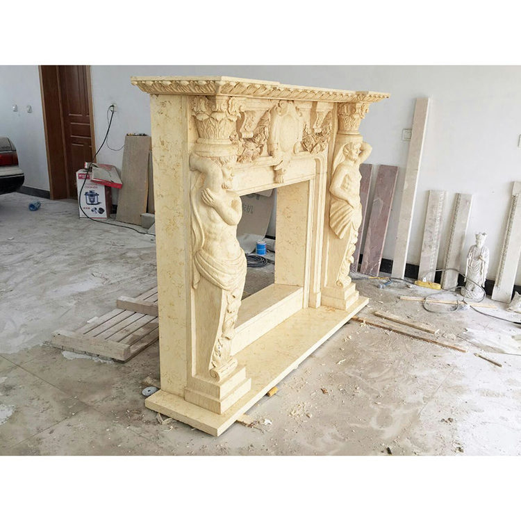 Yellow Travertine Marble Stone Woman Statues Freestanding Fireplace Surround Mantel Frame With Carvings