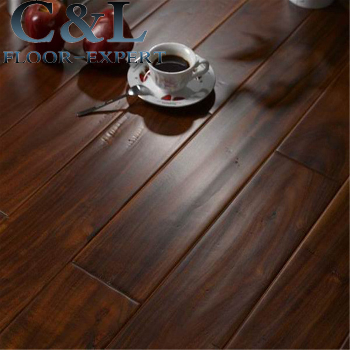 mocha color prefinished UV varnished hand scraped Acacia solid hardwood flooring