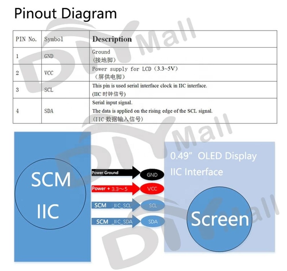 0.49 Inch 64X32 IIC 4 pins SSD1306 0.49 OLED Mini Small OLED Display for Arduino