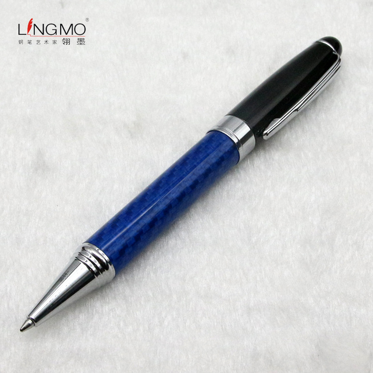 Shanghai Lingmo Blue Carbon Fiber Souvenir Pen OEM Logo Twist Open Ballpoint Pen Customer Pen