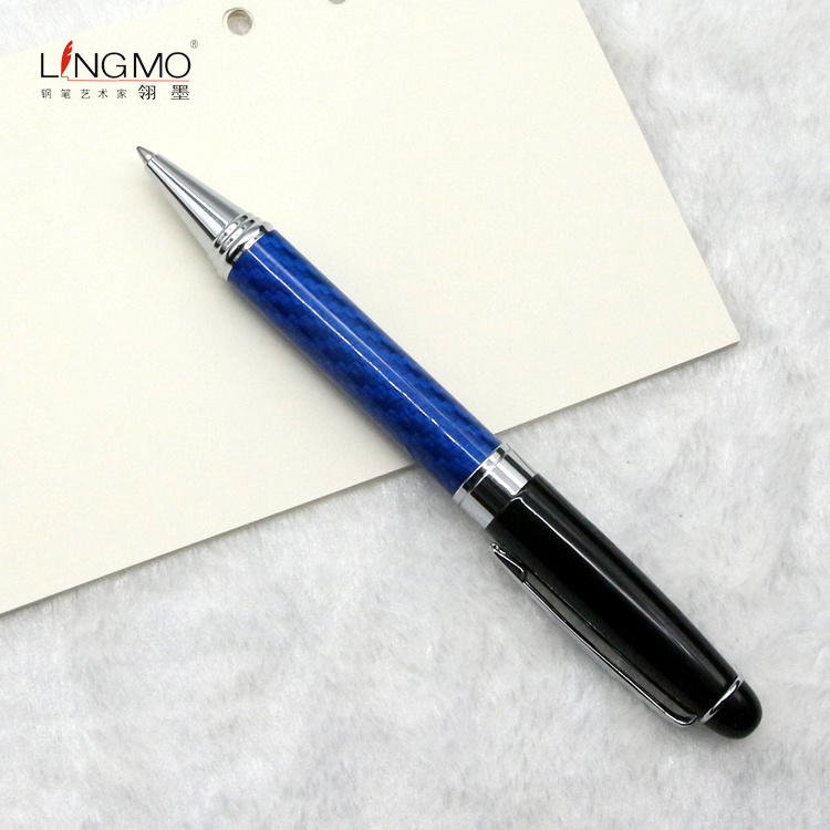 Shanghai Lingmo Blue Carbon Fiber Souvenir Pen OEM Logo Twist Open Ballpoint Pen Customer Pen