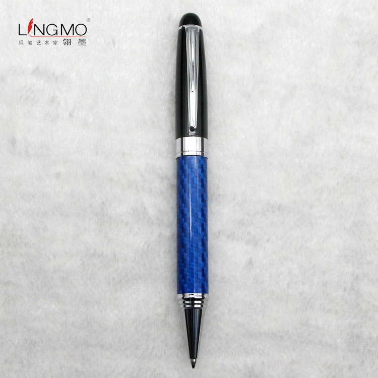 Shanghai Lingmo Blue Carbon Fiber Souvenir Pen OEM Logo Twist Open Ballpoint Pen Customer Pen