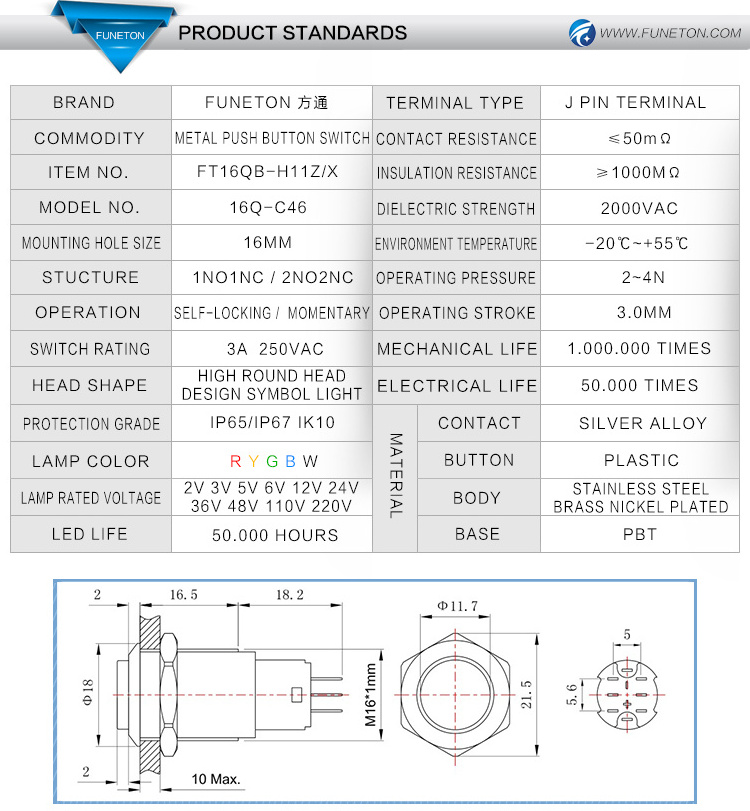 12V 16mm LED Light Waterproof Momentary Horn Metal Push Button Switch For Motorcycle Car Boat