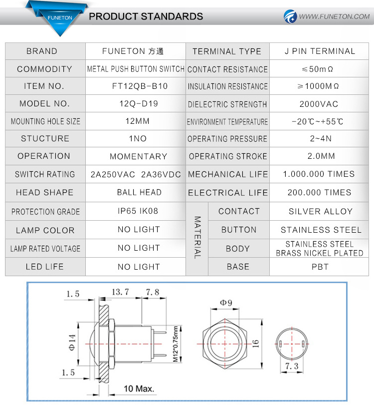 12mm Custom light marine switch momentary ball head Metal on off push button electronic switches