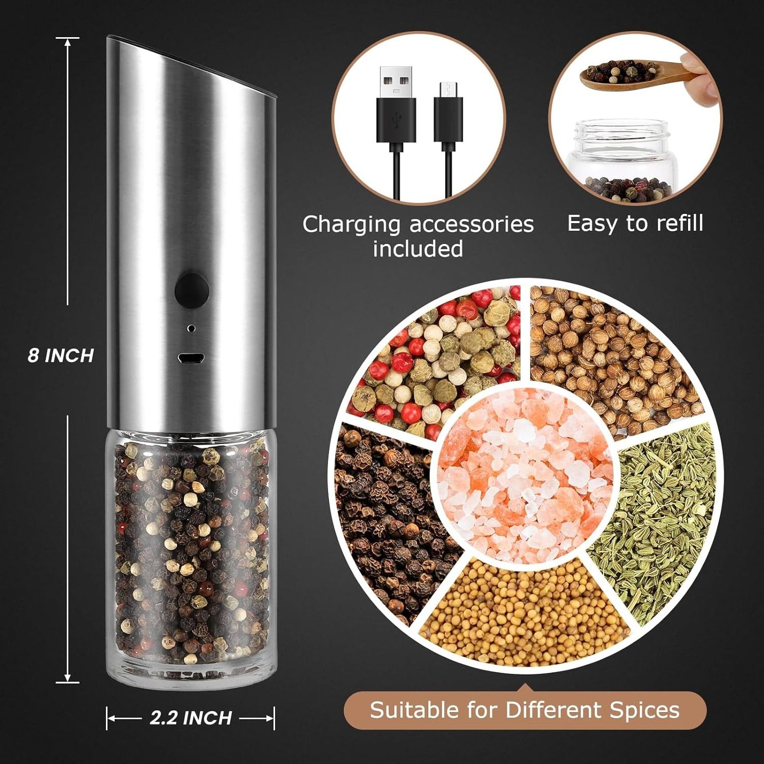 CE Rohs Rechargeable USB Ceramic Burr manual Spice Mill  Gravity Electric Salt and Pepper Grinder with LED light