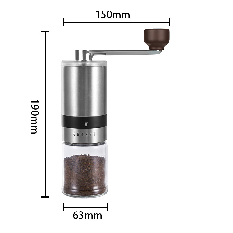 Hand Crank customized 6 Precisions Coarseness Setting Coffee Bean Mill Manual coffee bean grinder pse with glass jar