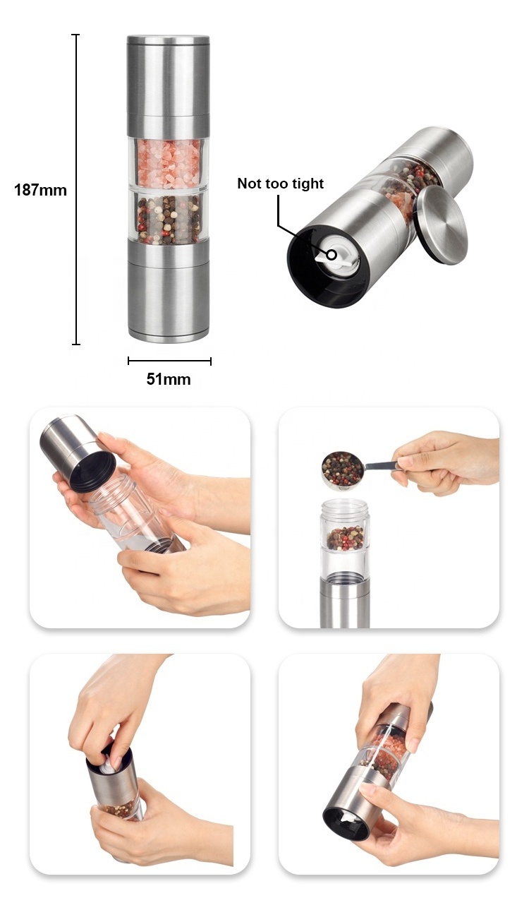 18/8 stainless steel Manual 2 in 1 Double Head PMMA Jars Ceramic Burr Grinder Salt and Pepper Mill Spice Grinder set