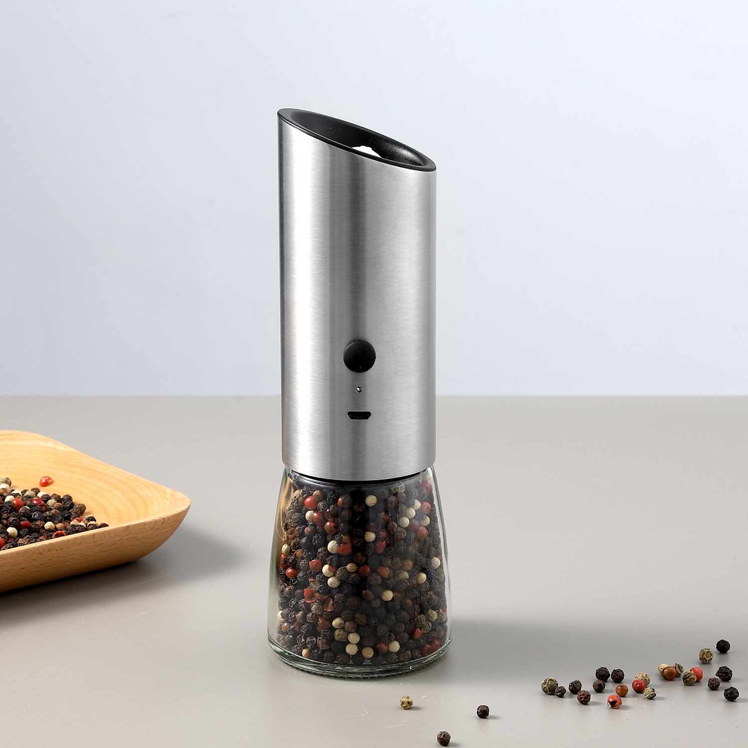 Stainless steel Rechargeable USB Gravity automatic Electric himalayan Salt Grinder with Light spice Pepper Grinder set