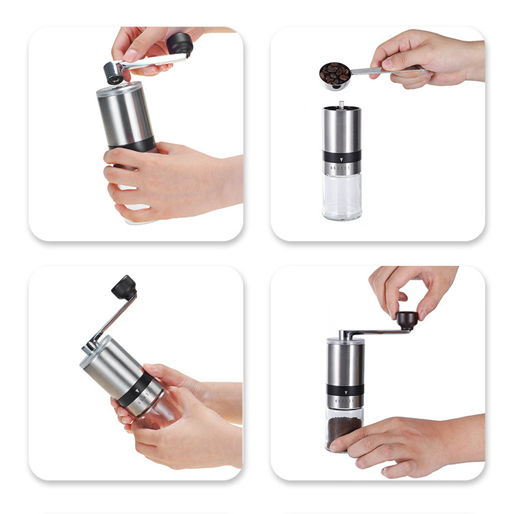 Hand Crank customized 6 Precisions Coarseness Setting Coffee Bean Mill Manual coffee bean grinder pse with glass jar