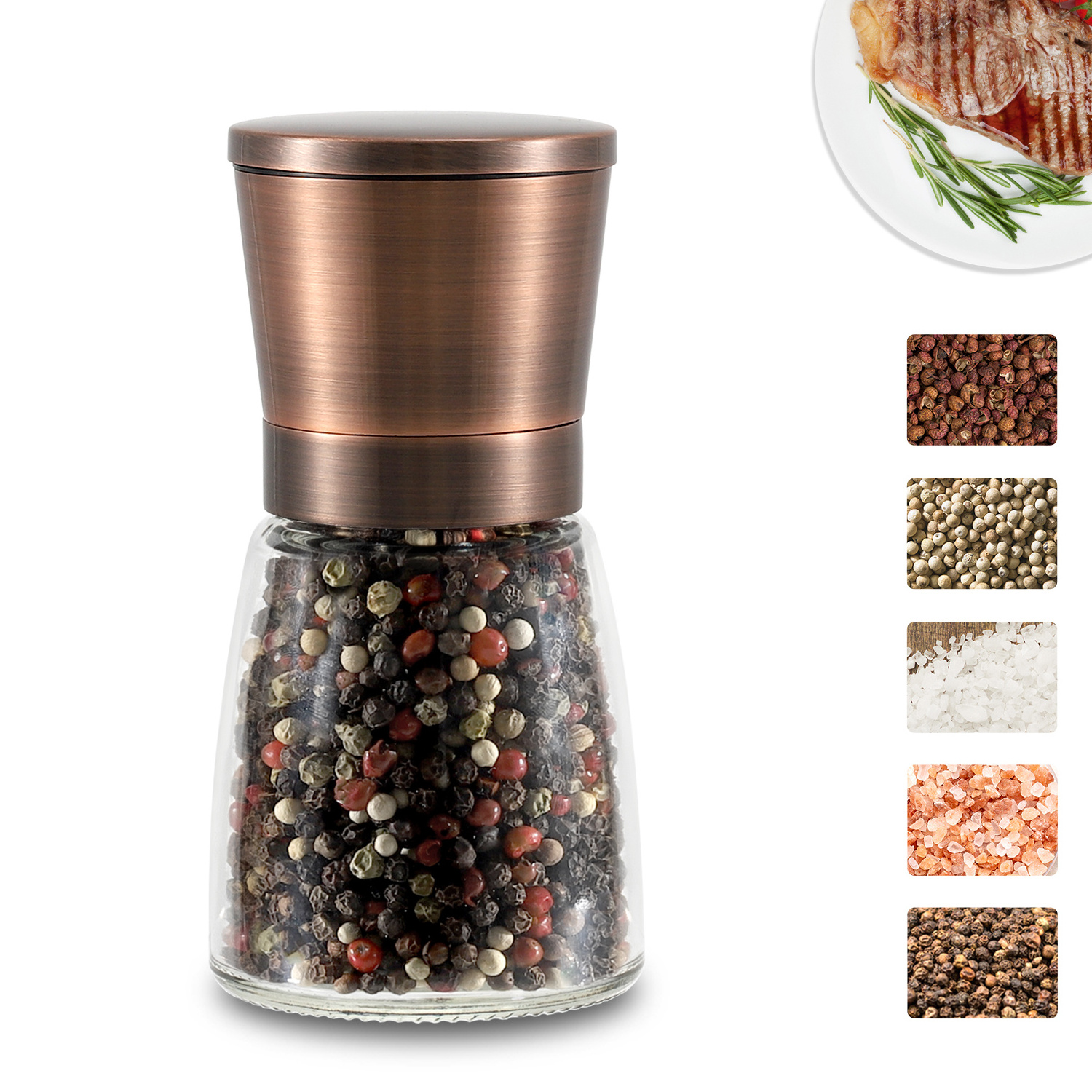 Kitchen Gadgets Golden Copper Manual Spice Mill Stainless Steel Ceramic Burr Salt and Pepper Grinder