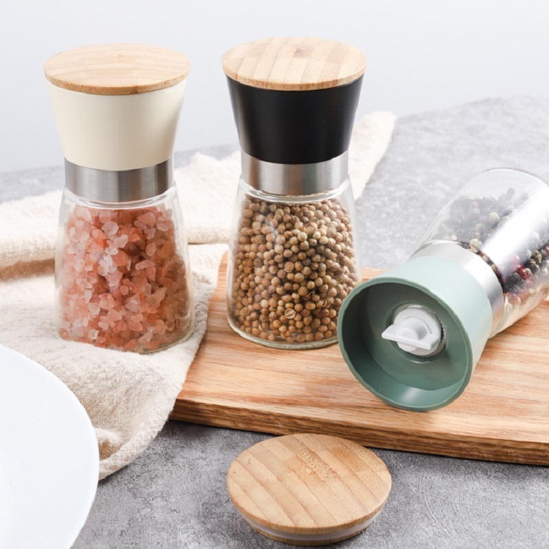 Original Manufacturer Manual Glass Bottles Dry Spice Grinder mill wood Bamboo Lid  Salt and Pepper Grinder set