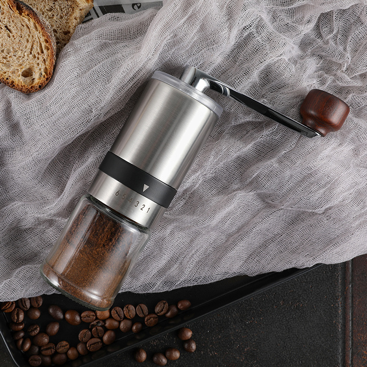 Hand Crank customized 6 Precisions Coarseness Setting Coffee Bean Mill Manual coffee bean grinder pse with glass jar