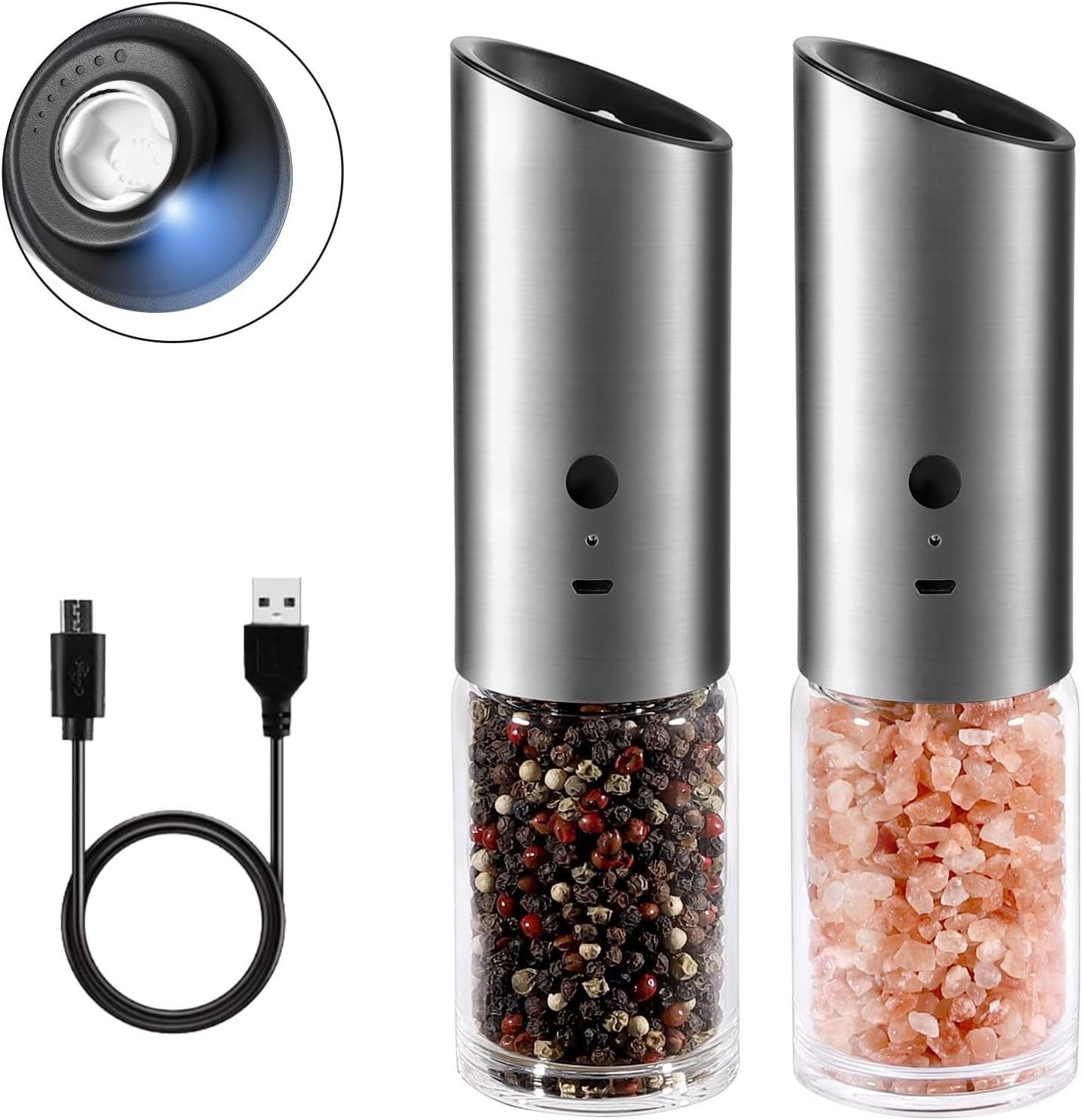 CE Rohs Rechargeable USB Ceramic Burr manual Spice Mill  Gravity Electric Salt and Pepper Grinder with LED light