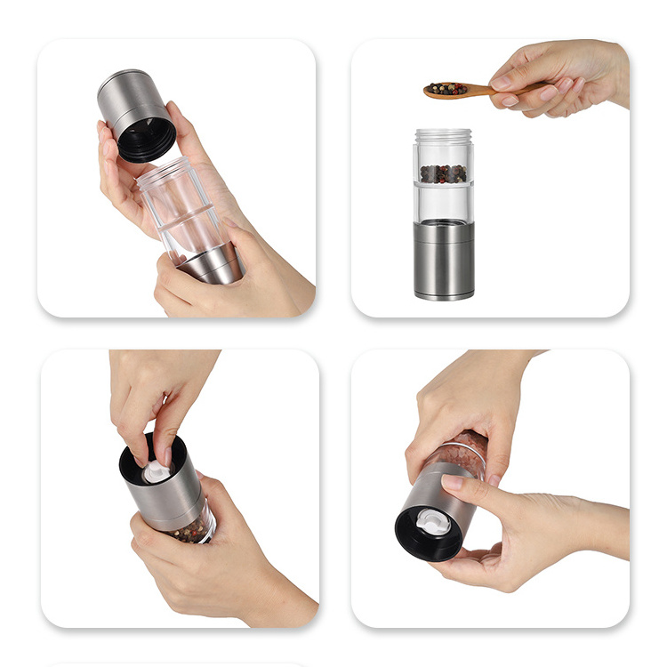 18/8 stainless steel Manual 2 in 1 Double Head PMMA Jars Ceramic Burr Grinder Salt and Pepper Mill Spice Grinder set