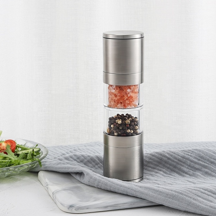 18/8 stainless steel Manual 2 in 1 Double Head PMMA Jars Ceramic Burr Grinder Salt and Pepper Mill Spice Grinder set