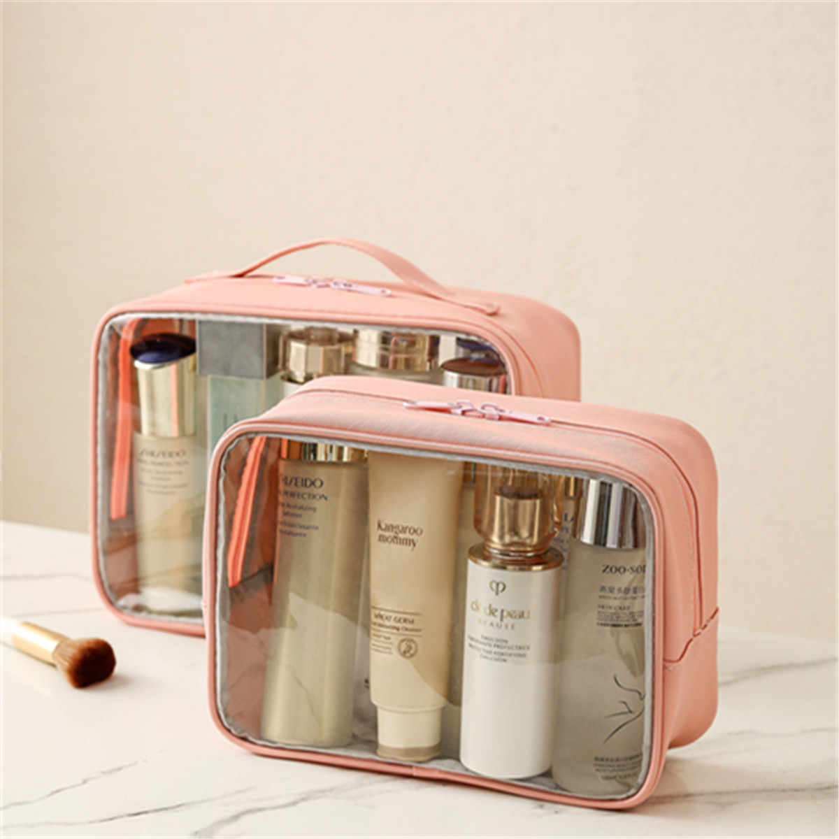 Fashionable Waterproof PU Leather PVC Transparent Clear Zipper Travel Toilette Toiletry Beauty Cosmetic Pouch Makeup Bag