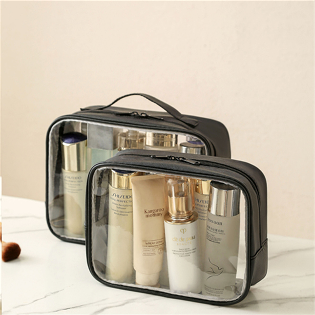 Fashionable Waterproof PU Leather PVC Transparent Clear Zipper Travel Toilette Toiletry Beauty Cosmetic Pouch Makeup Bag