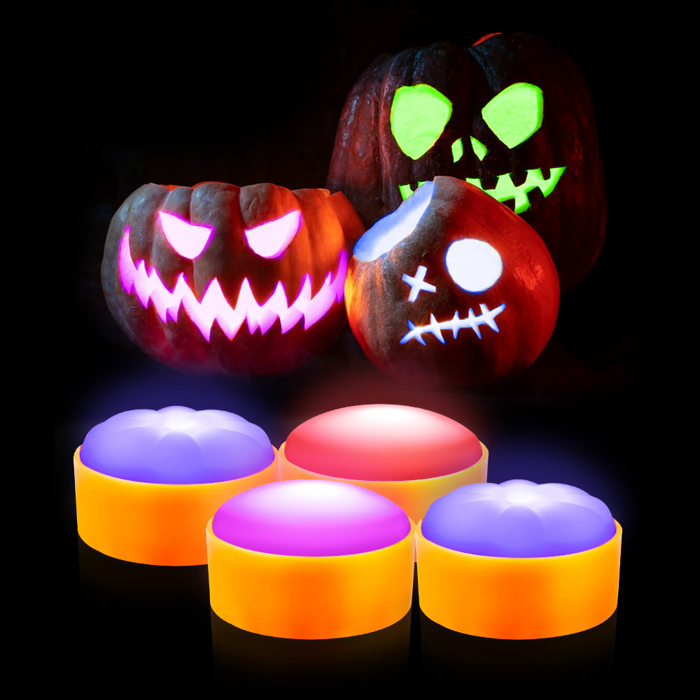 Orange Lights Waterproof Tea Lights With Timer Halloween Outdoor Puck Flameless Candles Pumpkin Battery Operated Jack o Lantern