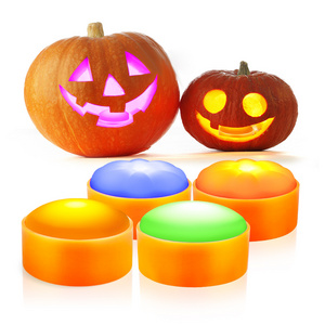 Pumpkin Lights Outdoor Flameless Candles Jack o Lantern Battery Operated Led Halloween Puck Orange With Timer Orange Lights