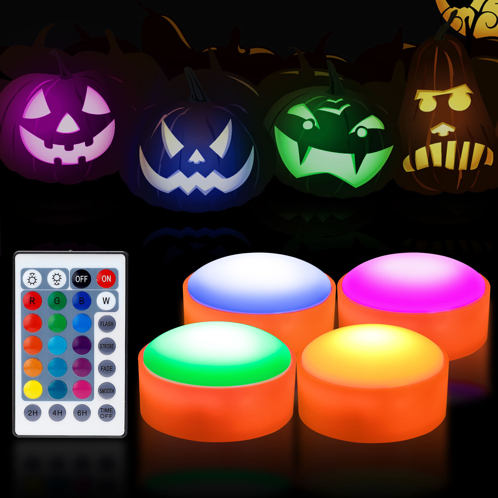 Orange Lights Waterproof Tea Lights With Timer Halloween Outdoor Puck Flameless Candles Pumpkin Battery Operated Jack o Lantern