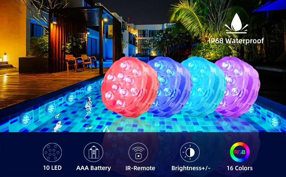 16 Colors Battery Operated Pool Lights Underwater Waterproof Led For Hot Tub Pond Fountain Aquarium Vase LED Submersible Light