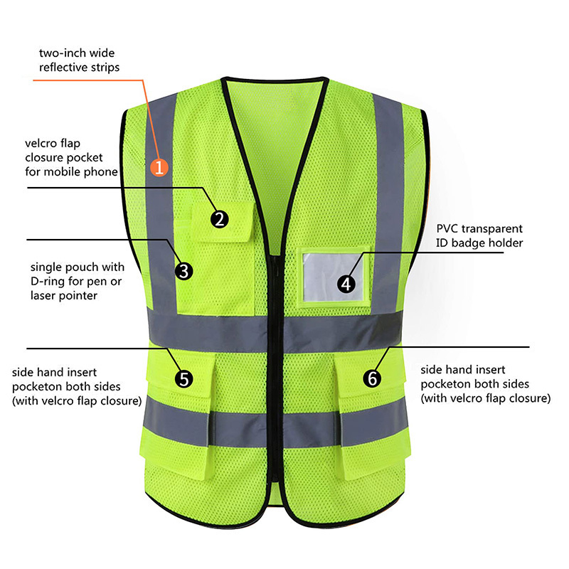 Wholesale High Visibility Safety Reflective Safety Vest for Women and Men with Pockets and Front Zipper