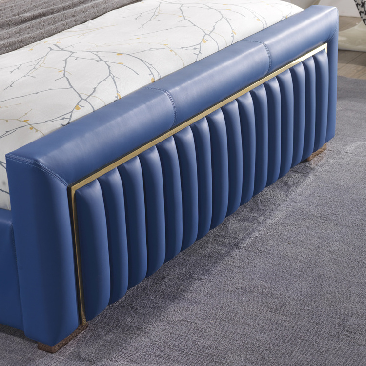 Modern Velvet High Headboard Luxury Bed Blue with Gold Trim King Size Elegant Design for Contemporary Bedroom Decor