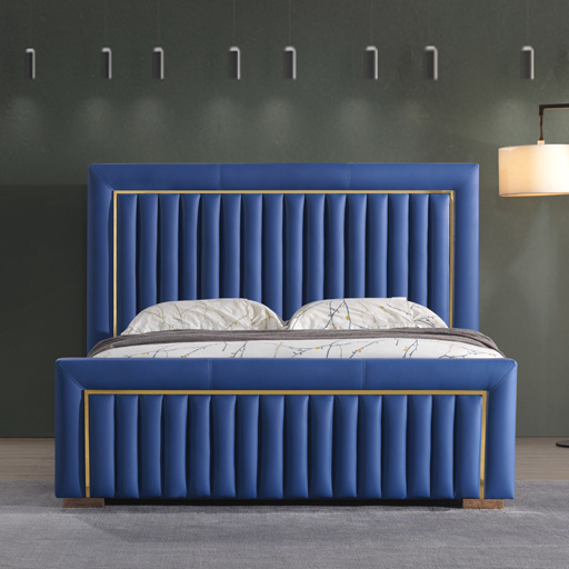 Modern Velvet High Headboard Luxury Bed Blue with Gold Trim King Size Elegant Design for Contemporary Bedroom Decor