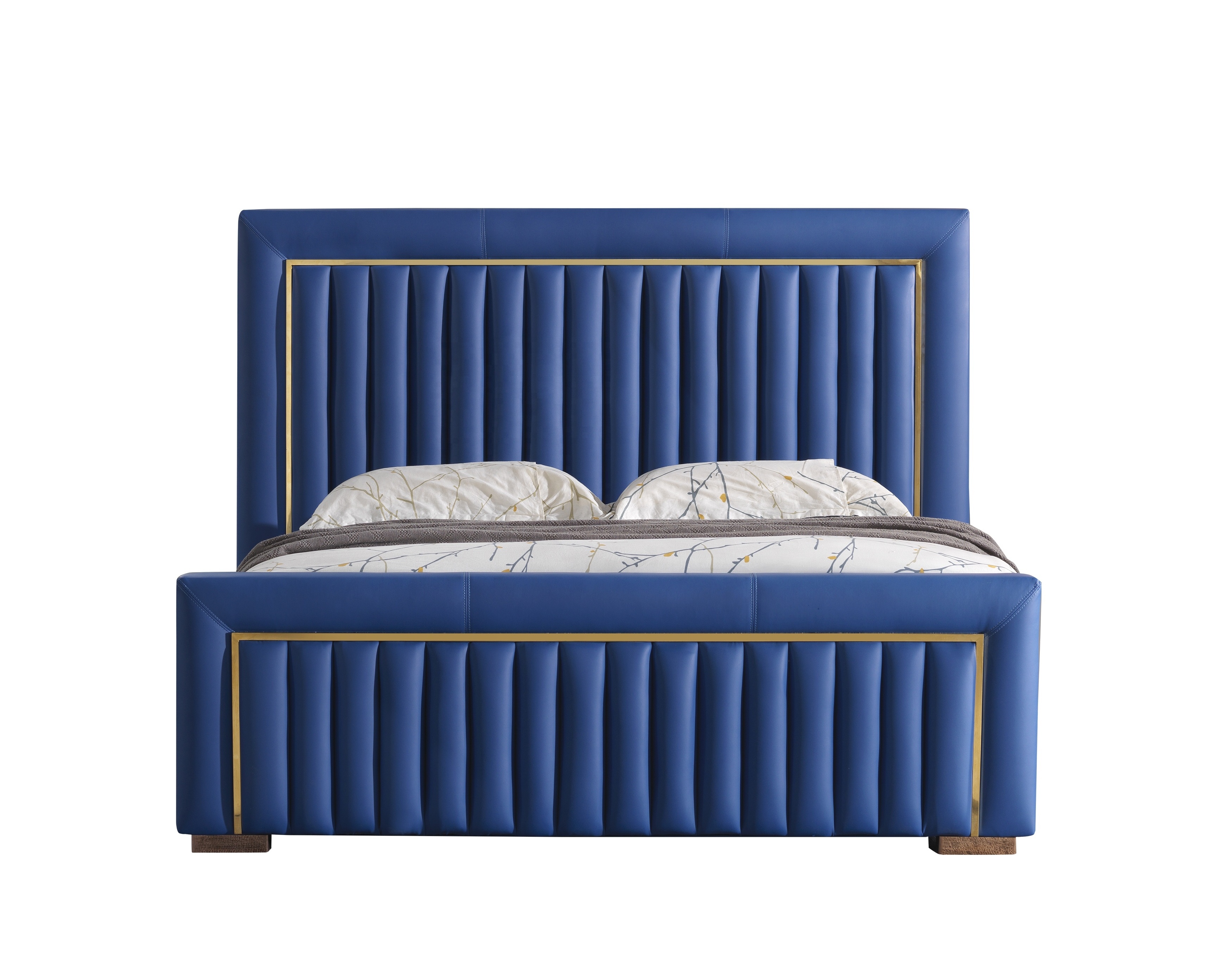 Modern Velvet High Headboard Luxury Bed Blue with Gold Trim King Size Elegant Design for Contemporary Bedroom Decor