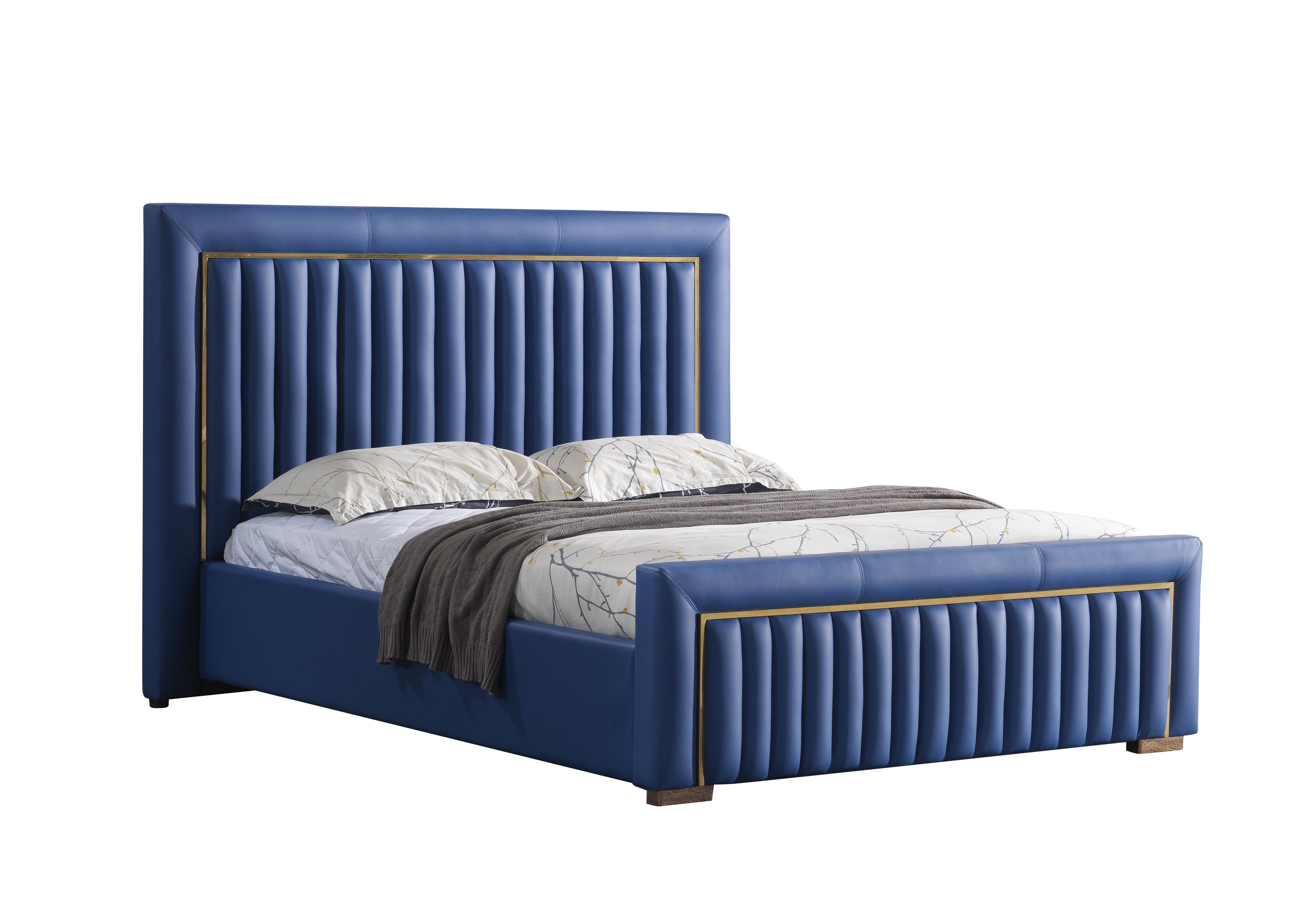 Modern Velvet High Headboard Luxury Bed Blue with Gold Trim King Size Elegant Design for Contemporary Bedroom Decor