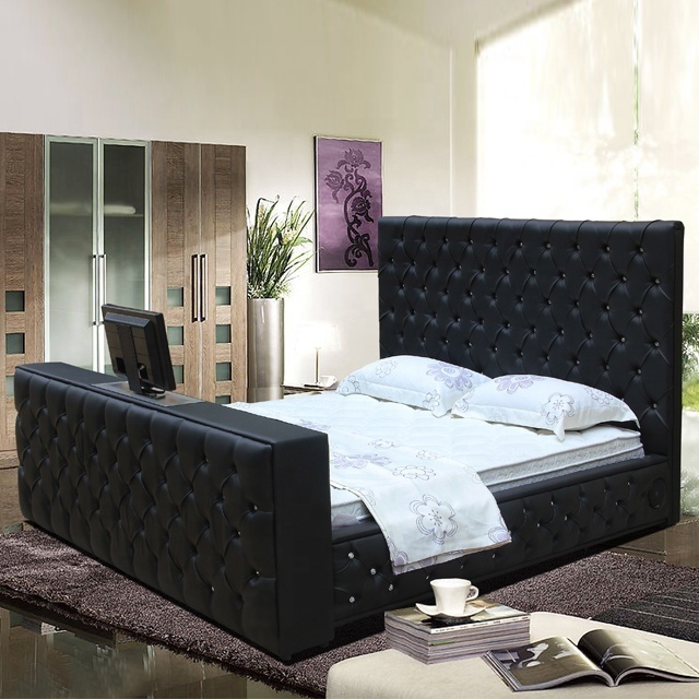 King size leather bed with automatic tv lift tv bed frame on sale G922