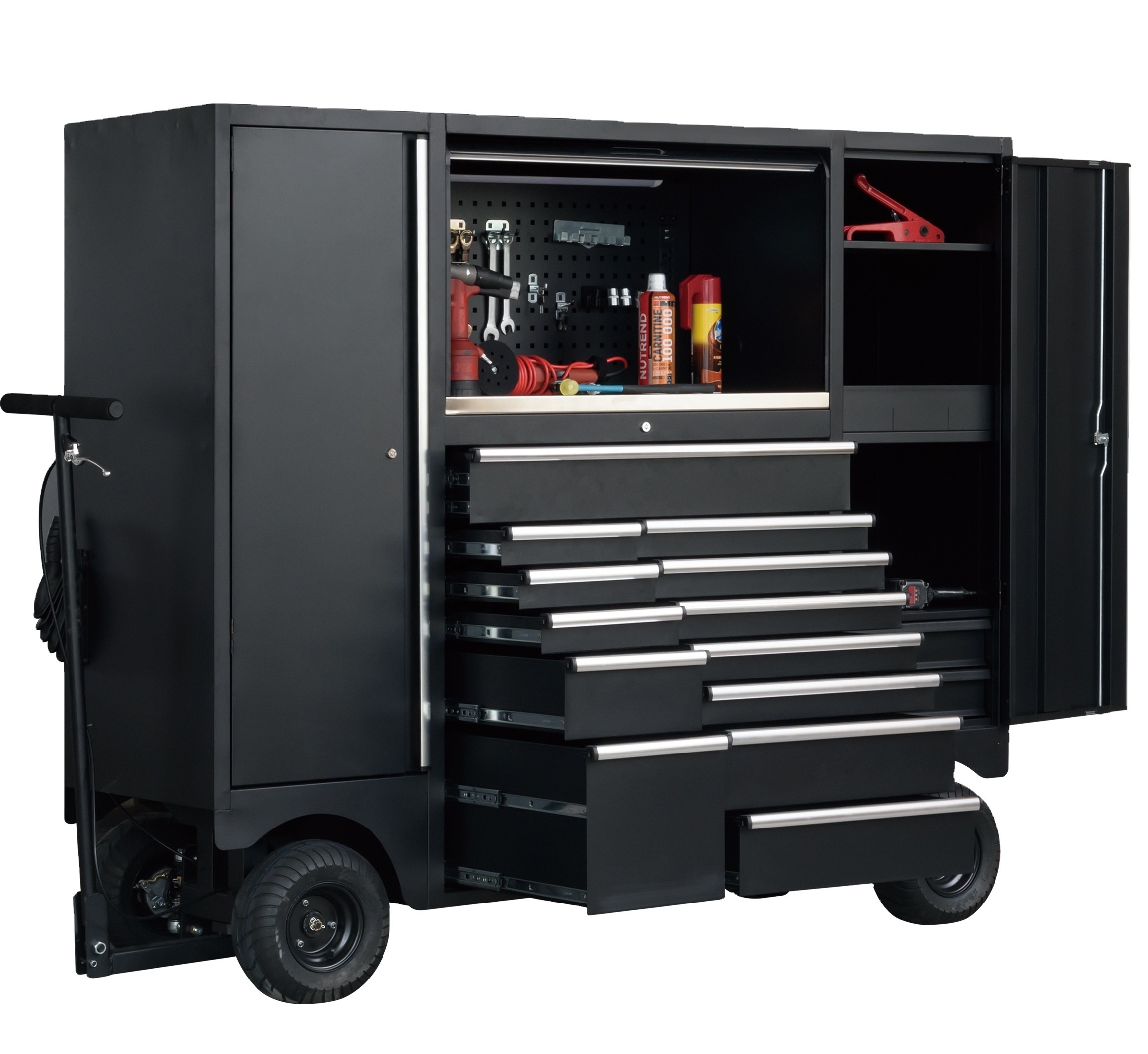 GLMrsBig Pit cart tool box and metal cabinet with rolling trolley consists of a metal frame with several shelves or drawers