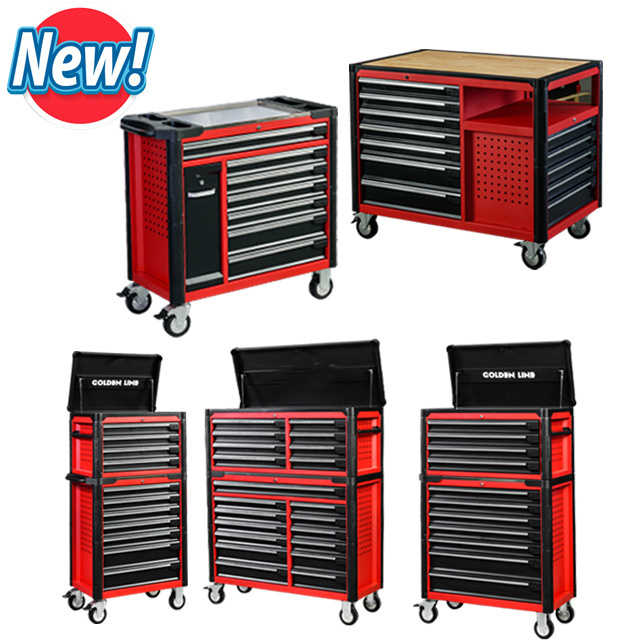 Metal roller cabinet tool trolley with stainless steel working top and tool box with hand tools sets