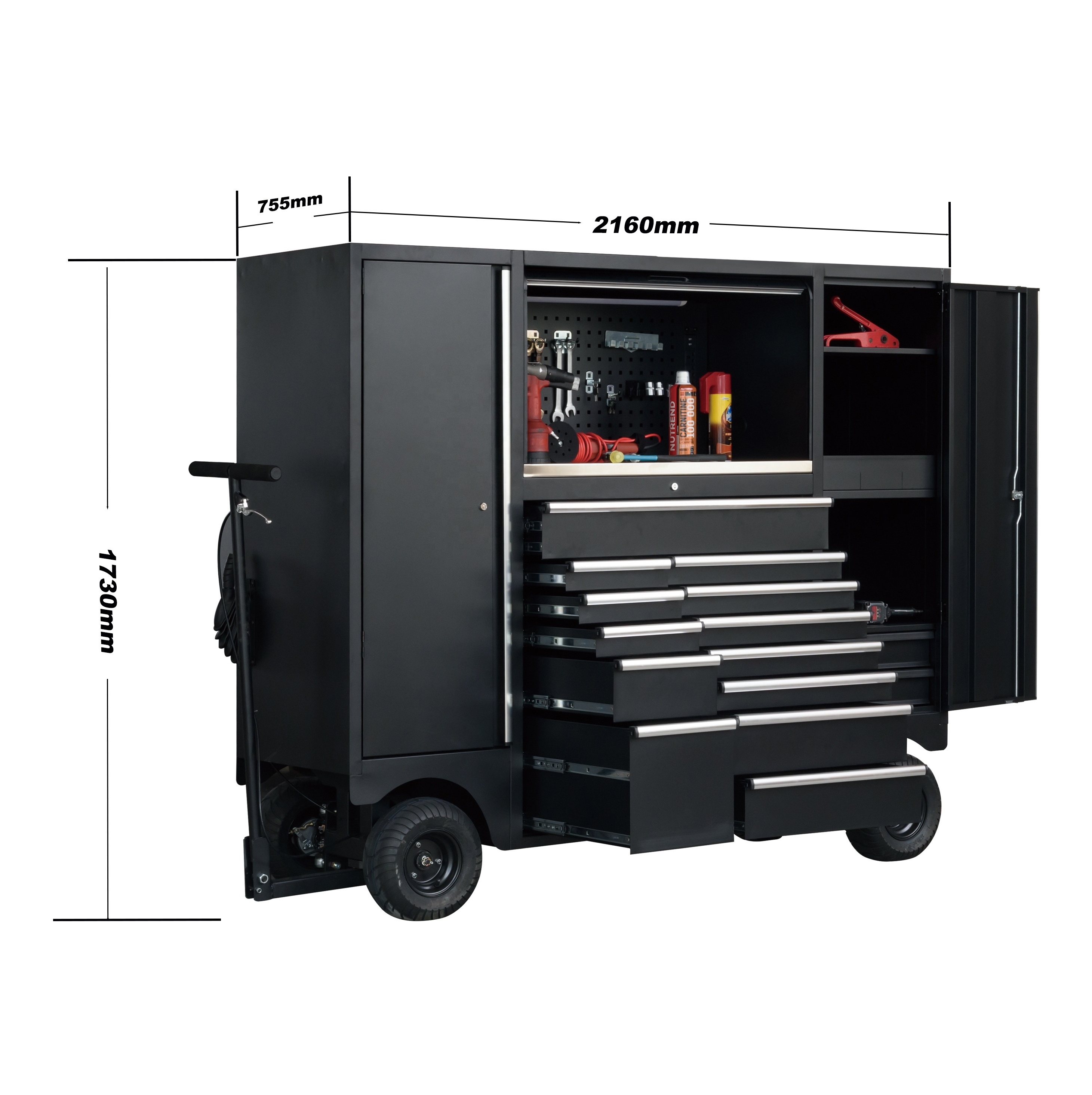 GLMrsBig Pit cart tool box and metal cabinet with rolling trolley consists of a metal frame with several shelves or drawers