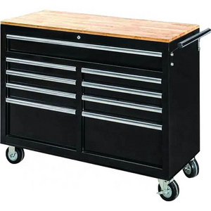 9 Drawers Black Metal Rolling Tool Trolley Workshop Workbench Garage Tool Cabinet Tool chest wooden top matte finish hand