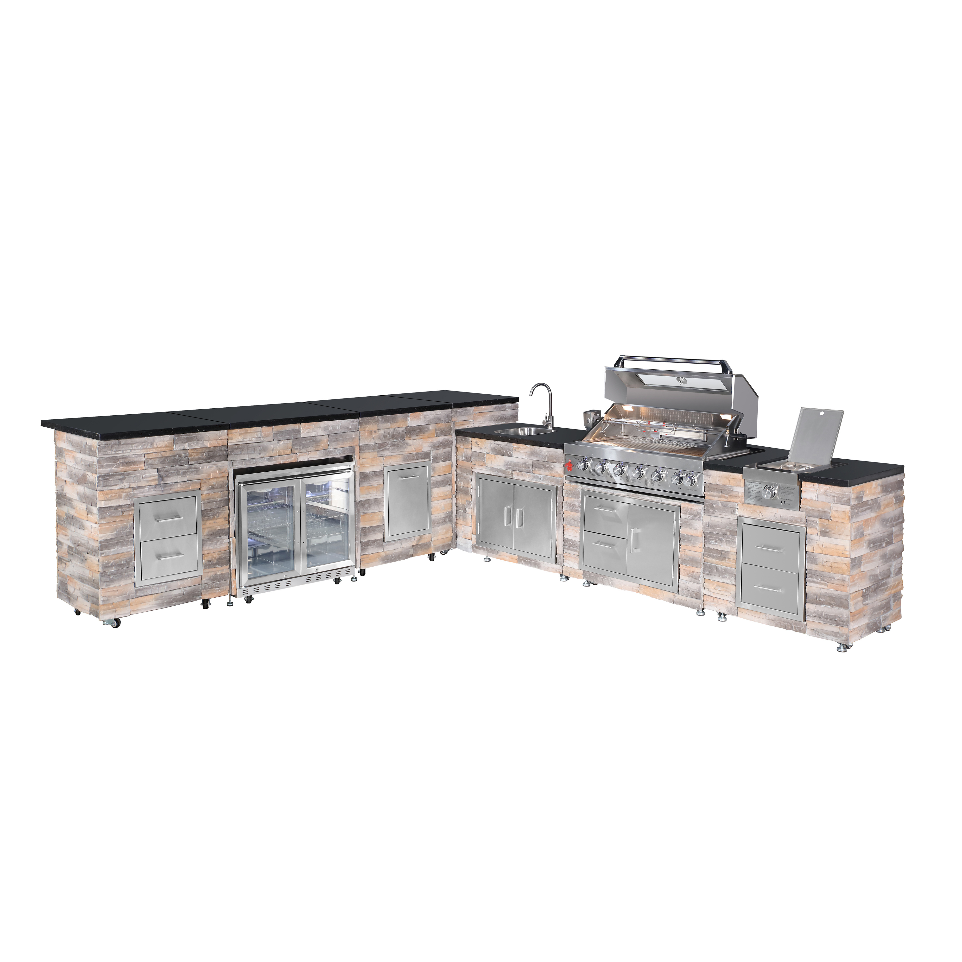 Complete Outdoor Stone BBQ Island with Grill Sink and Refrirator for Grilling and Entertainment