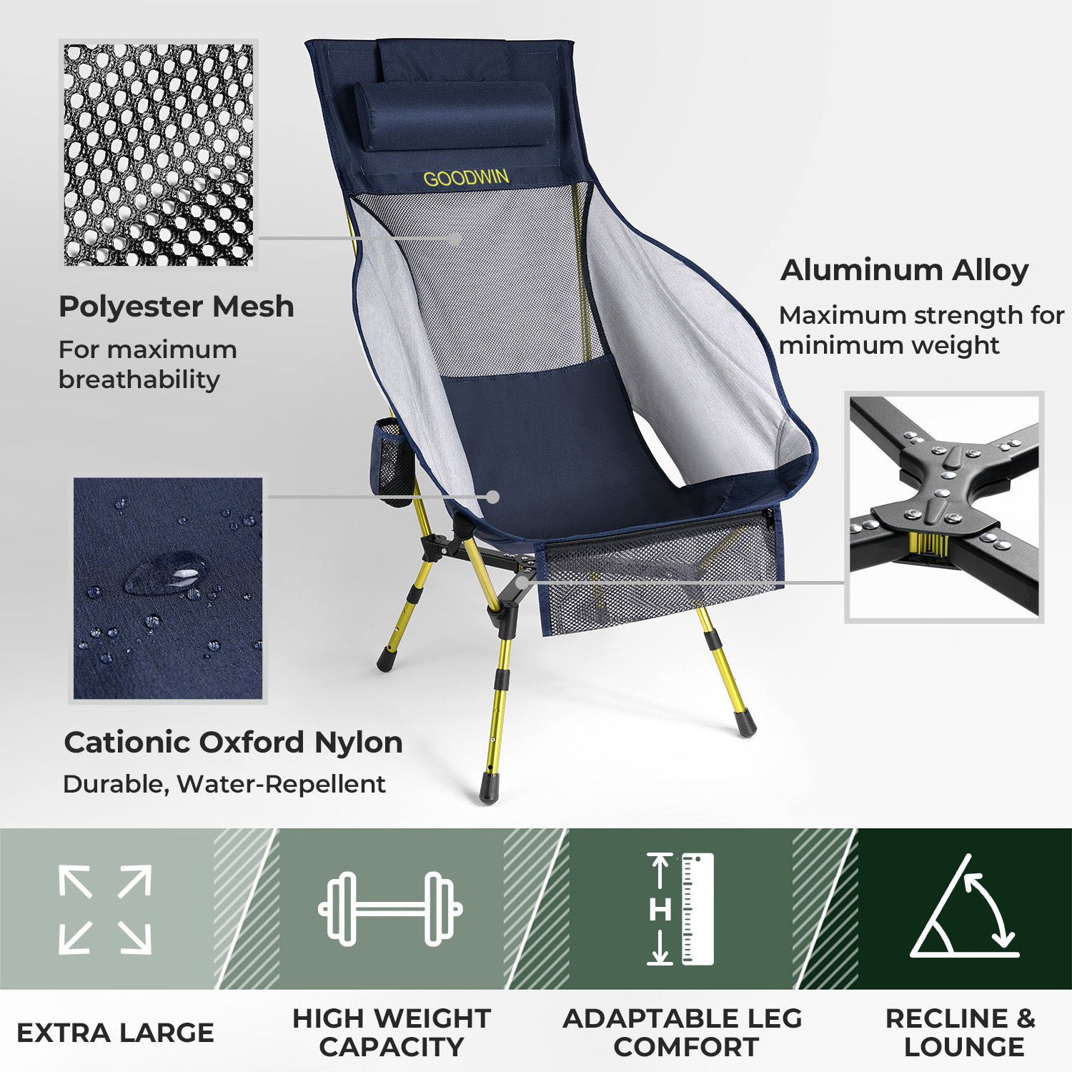 Ultralight Outdoor High Back Camping Chair Lightweight with Headrest