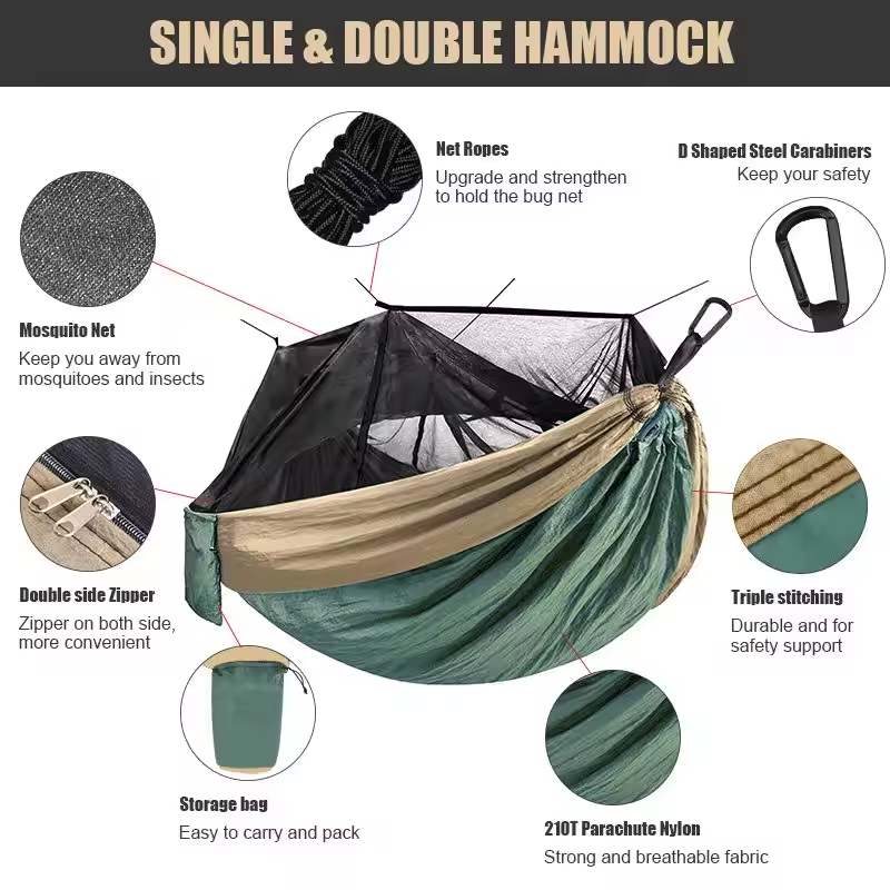 Feistel 210T Nylon Portable 2 Person Portable Outdoor Parachute Camping Nylon Hammock  Tent  With Mosquito Net