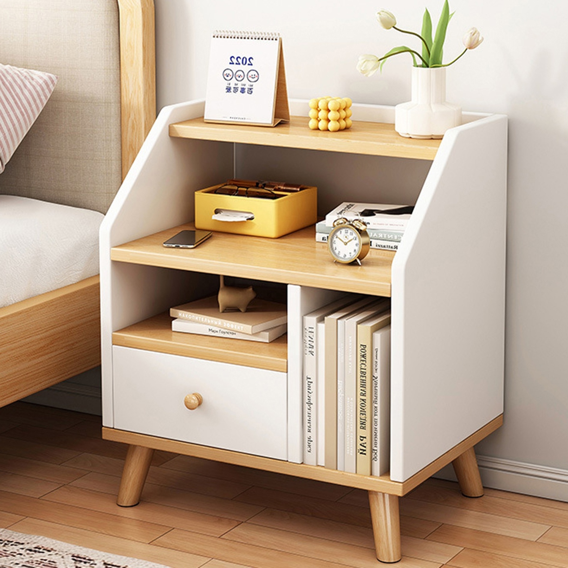 JIAMUJIA Low Price Wood Bedside Nightstand with Drawer for Living Room Narrow  Bedside Cabinet for Bedrooms with Lock Side