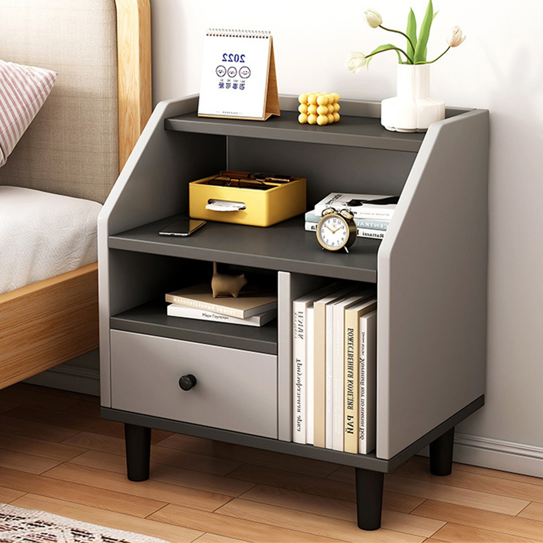 JIAMUJIA Low Price Wood Bedside Nightstand with Drawer for Living Room Narrow  Bedside Cabinet for Bedrooms with Lock Side